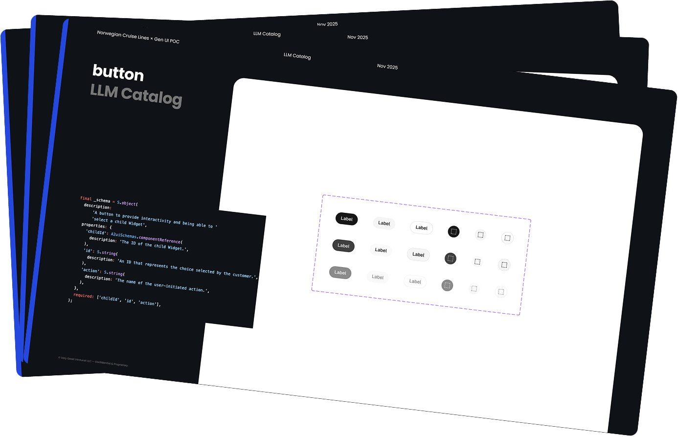 GenUI development assets — fanned catalog cards and code schema
