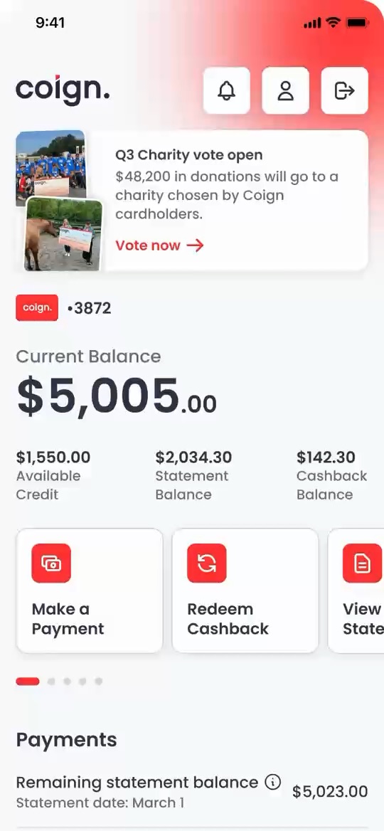 Coign’s app home, the Q3 charity vote card above the member’s current balance