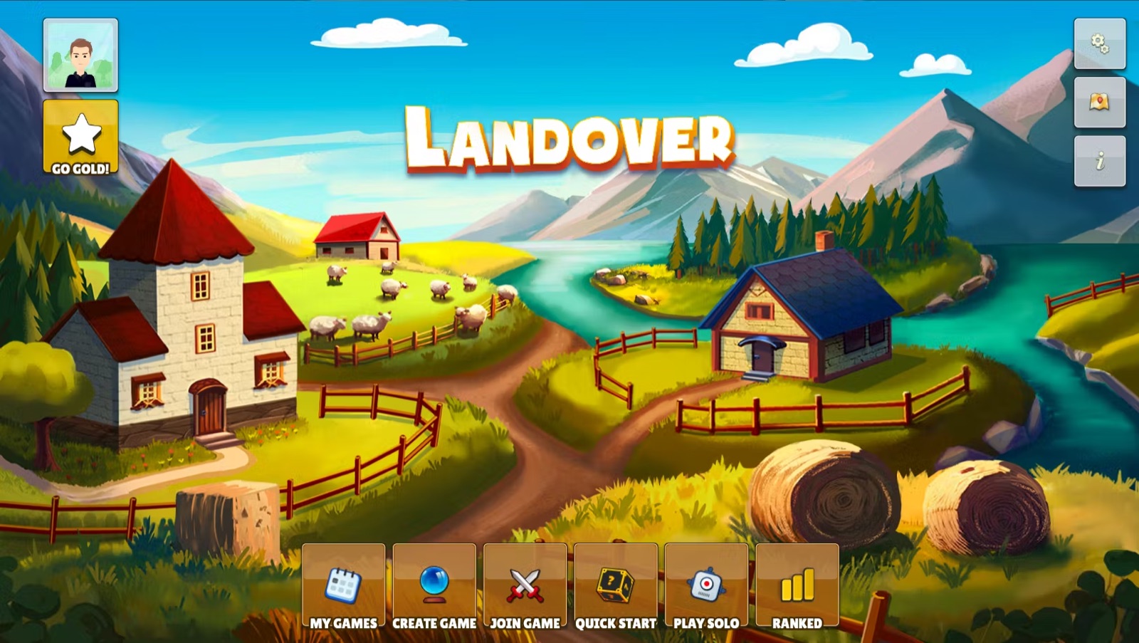 Landover strategy board game interface with island map, resources, and multiplayer gameplay on mobile and web