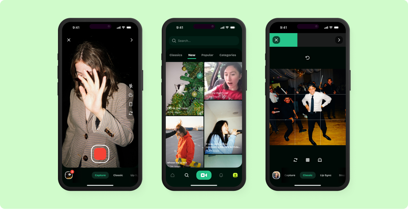 Three shots of the app with camera, news and photo editor