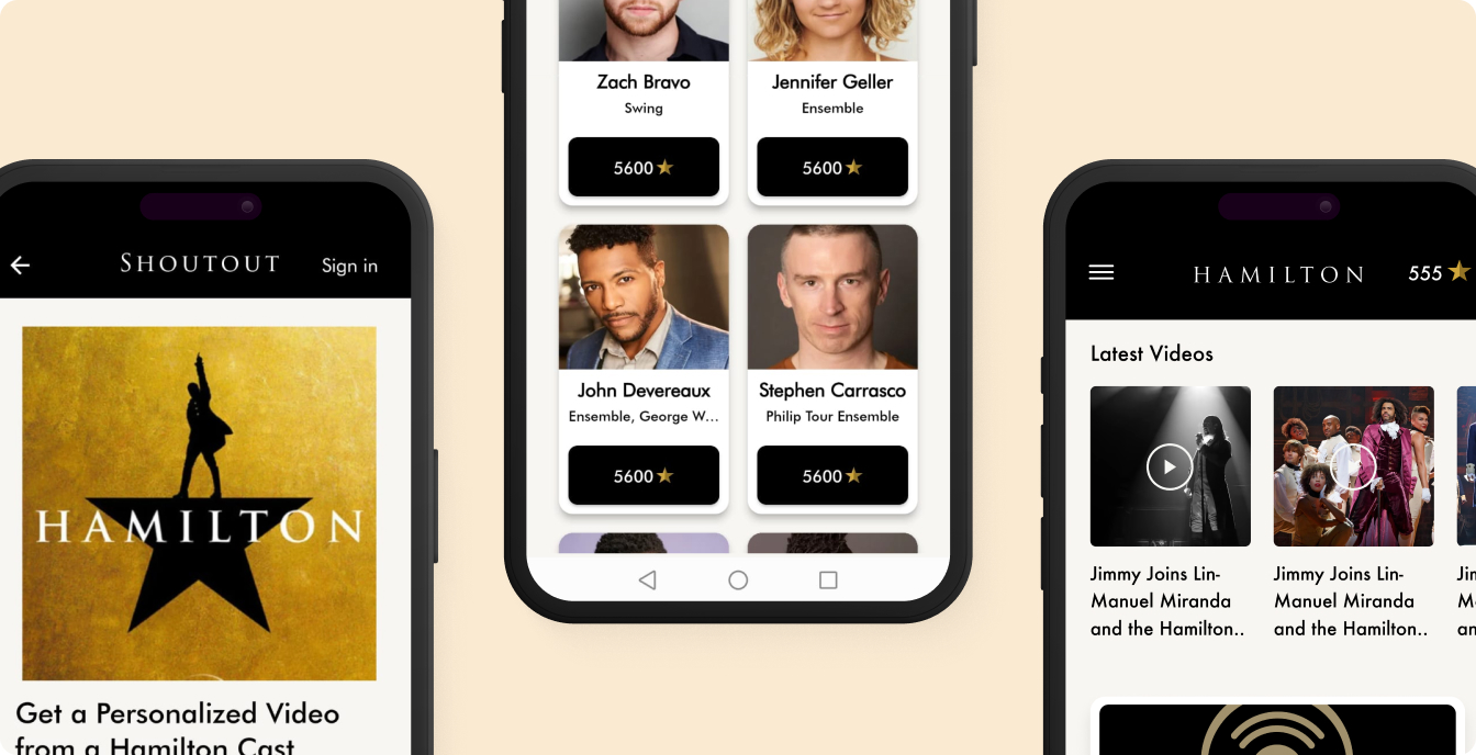 Hamilton app screens showing Shoutout, cast members, and latest videos features