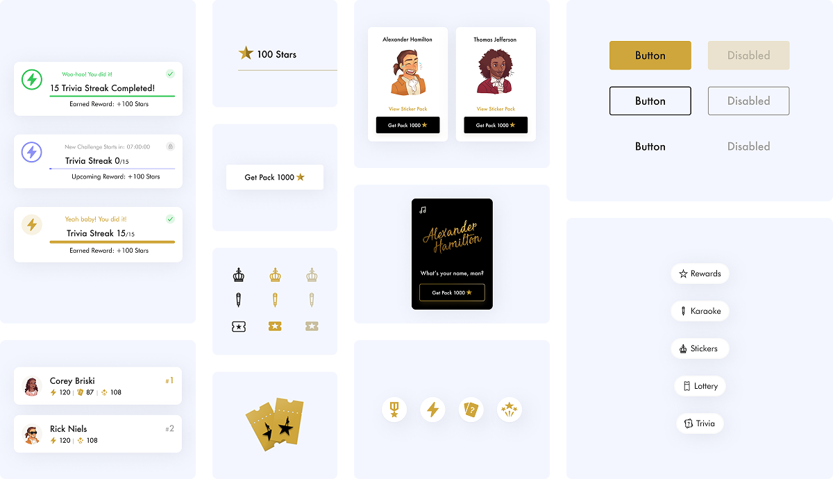 Collection of Hamilton stickers and compoenents used in the app