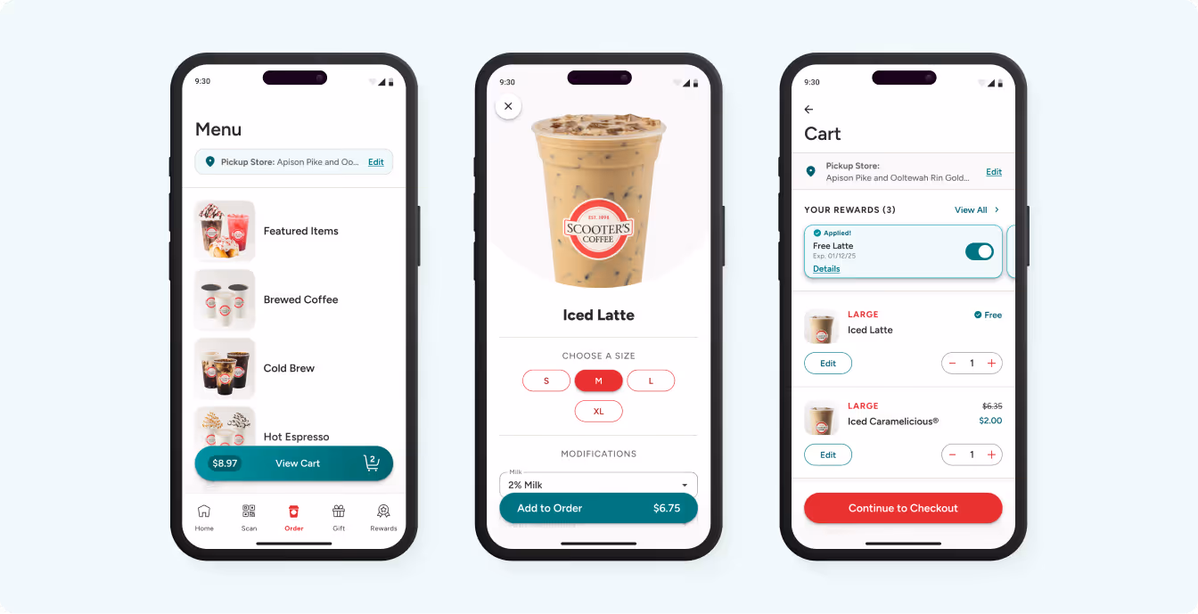 Scooter's Coffee Flutter app screens for menu browsing, drink customization, and the cart