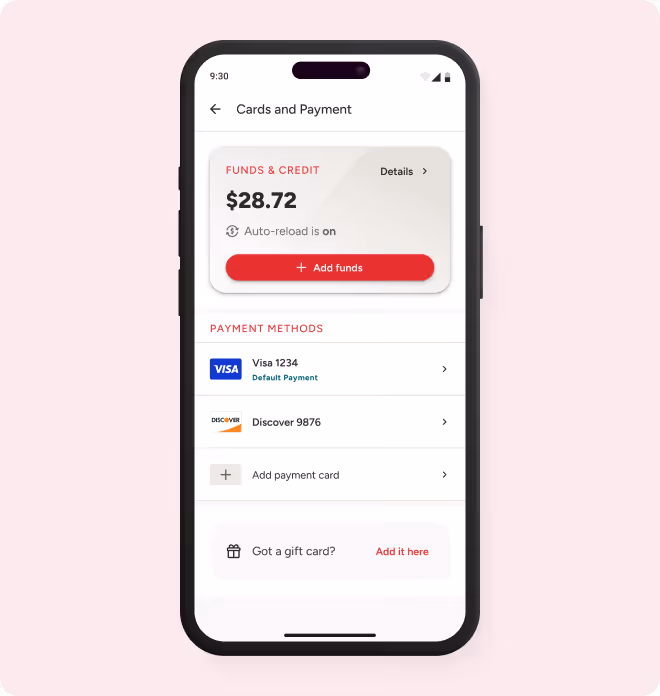 Scooter's Coffee Flutter app payment methods screen with saved cards and wallet options