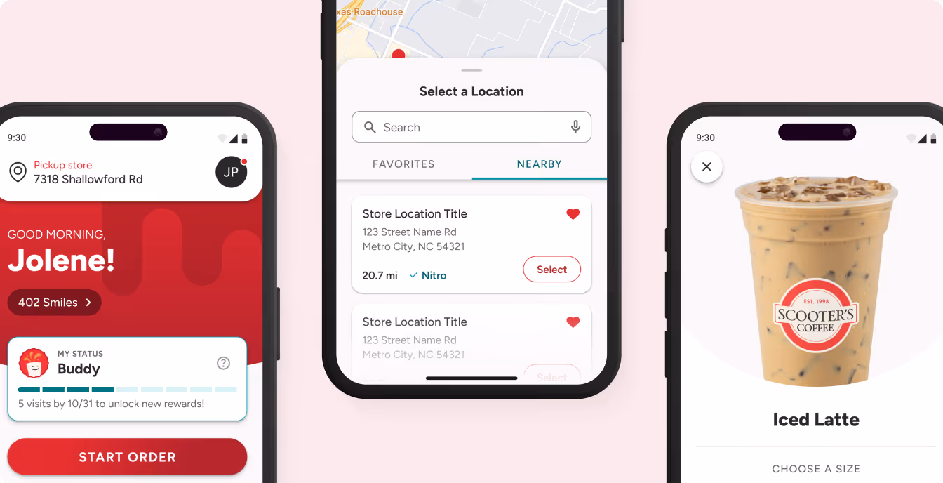 Scooter's Coffee Flutter app screens for the customer profile, store locator, and drink ordering