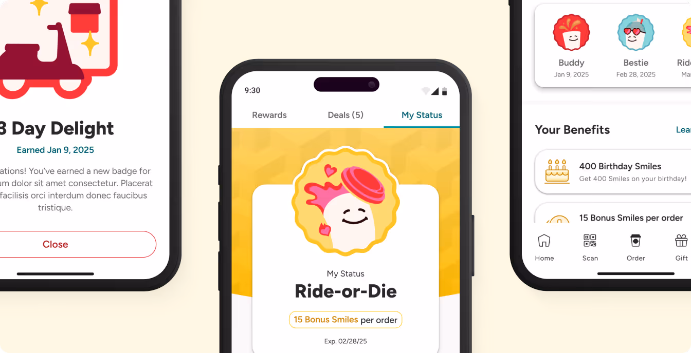 Scooter's Coffee Flutter app loyalty screens showing rewards tiers and redemption options